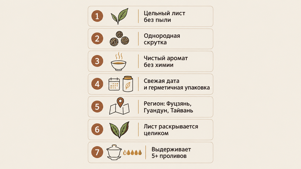 Инфографика-чеклист: 7 признаков качественного улуна для выбора настоящего чая
