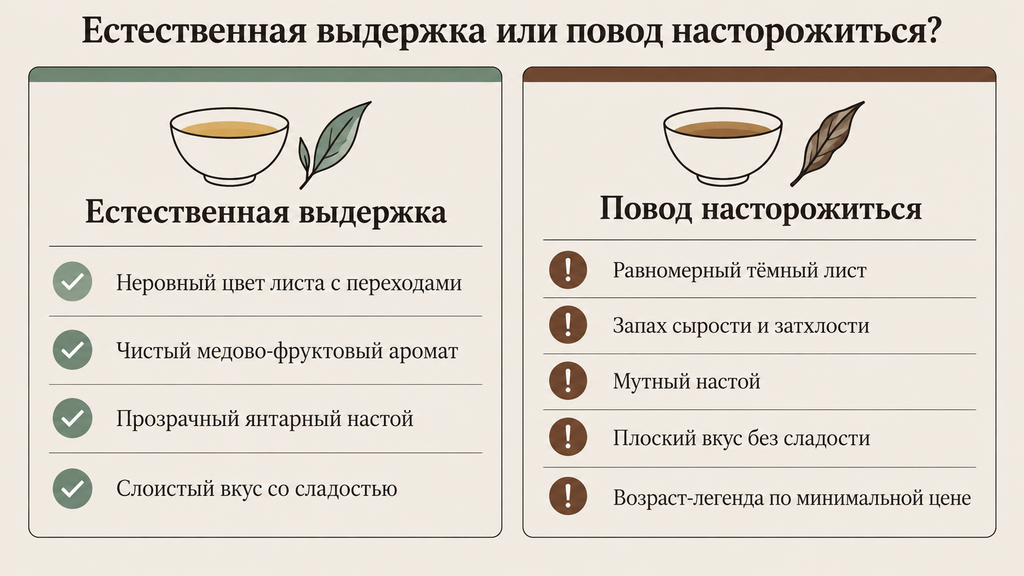 Признаки естественной и сомнительной выдержки белого чая в двух колонках для быстрого визуального выбора