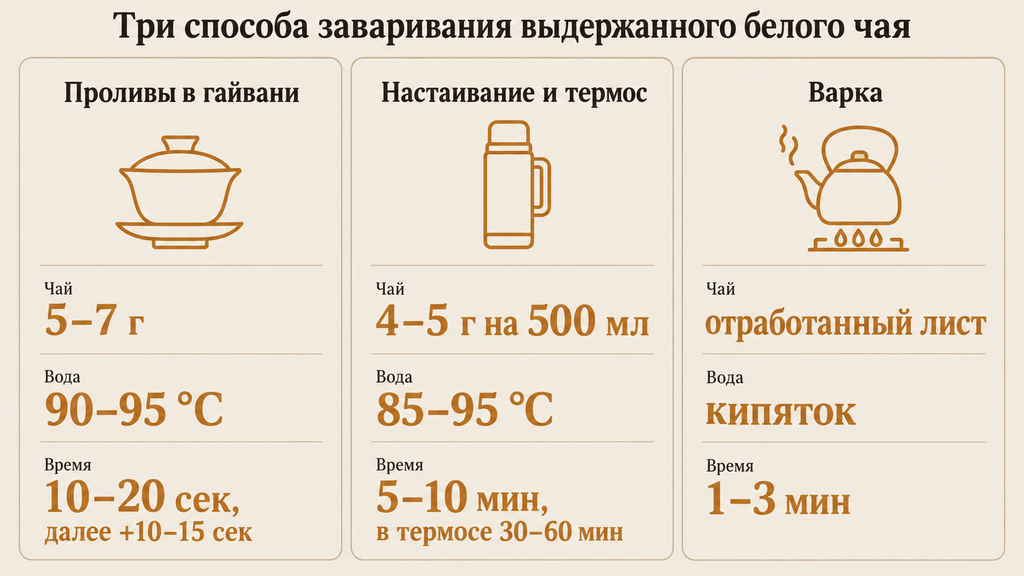 Параметры заваривания выдержанного белого чая тремя способами: проливы, настаивание в термосе и варка с указанием температуры, времени и веса заварки