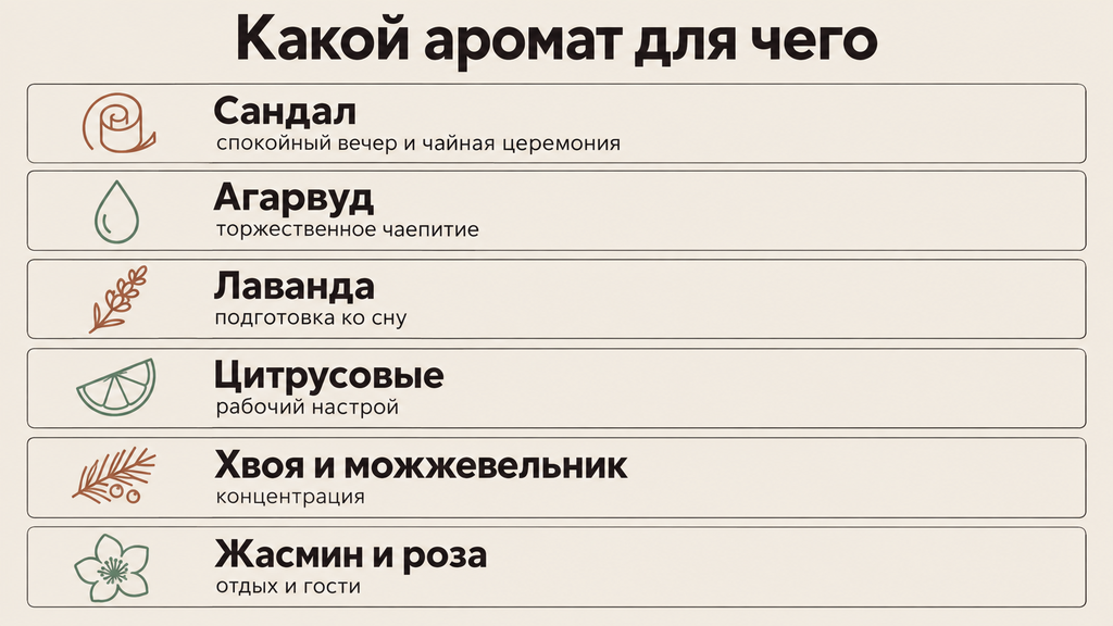 Карточка-справочник по ароматам и благовониям. Шесть модульных блоков с пиктограммами и сценариями использования запахов от сандала до цитрусов. Визуальный гид для быстрого выбора аромата под конкретную задачу