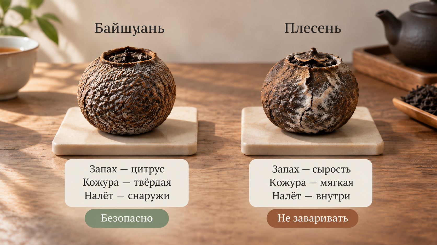 Сравнительная инфографика: безопасный белый налёт на байшуани против опасной плесени. Карточки с визуальными признаками, критериями проверки и цветовыми маркерами безвредности и запрета к завариванию.