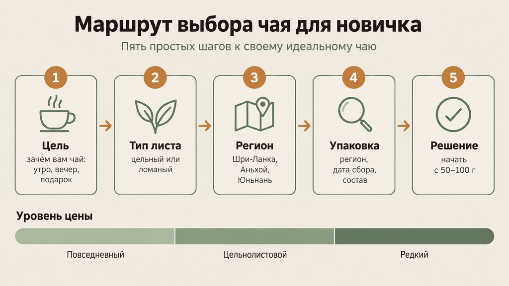 Пошаговая схема выбора чая для новичков: от цели до проверки упаковки с пиктограммами и шкалой цен