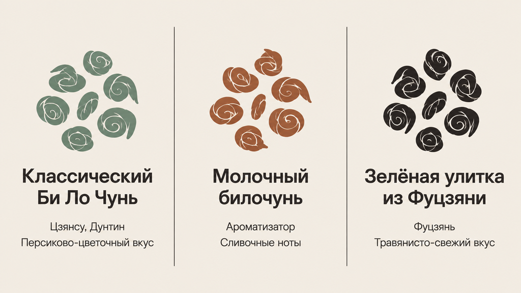 Сравнительная карточка сортов классического чая Би Ло Чунь: три варианта вкуса и региона происхождения