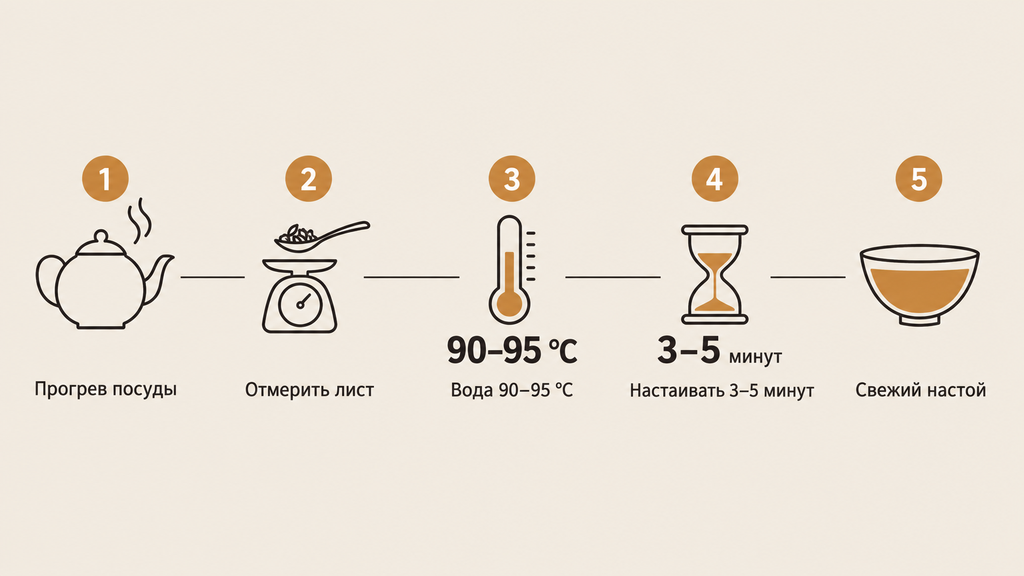 Схема заваривания чёрного чая в пять шагов: прогрев посуды, дозировка, температура 90–95°C, время настаивания 3–5 минут и готовый янтарный настой