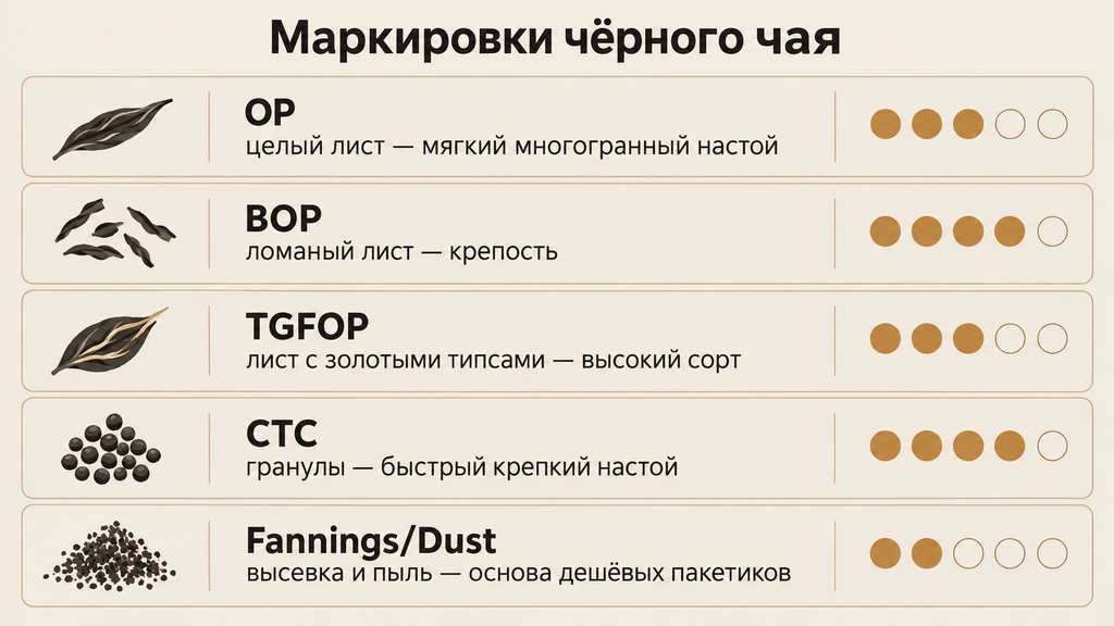 Карточка расшифровки маркировок чёрного чая: OP, BOP, TGFOP, CTC и высевка. Модульная сетка с формой листа, описанием напитка и шкалой крепости