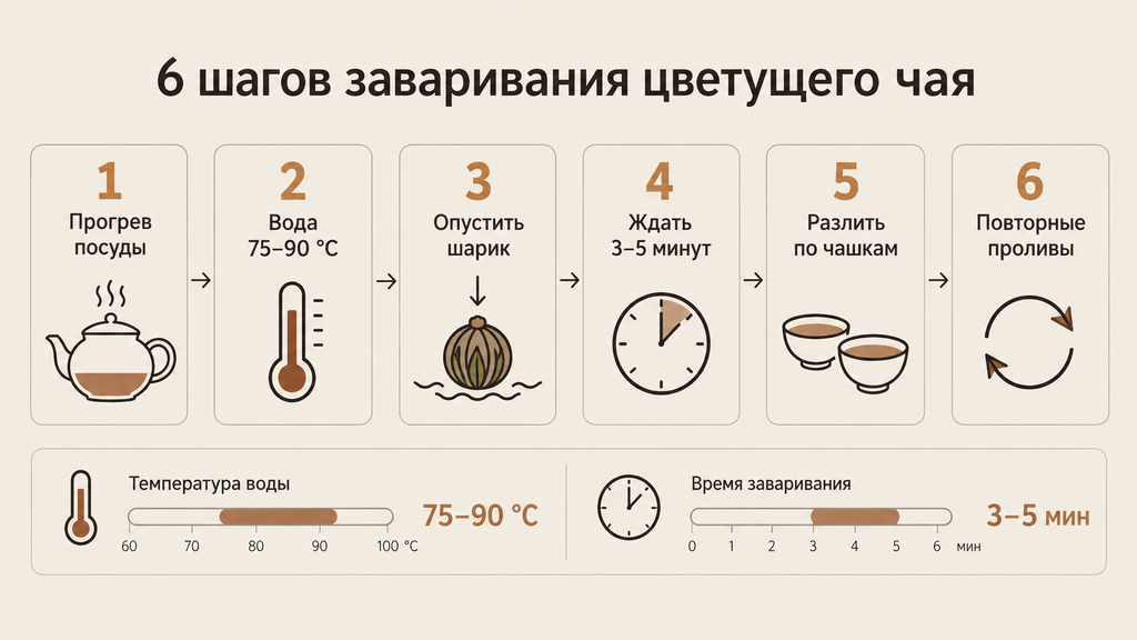 Схема шести шагов заваривания цветущего чая от прогрева посуды до повторных проливов