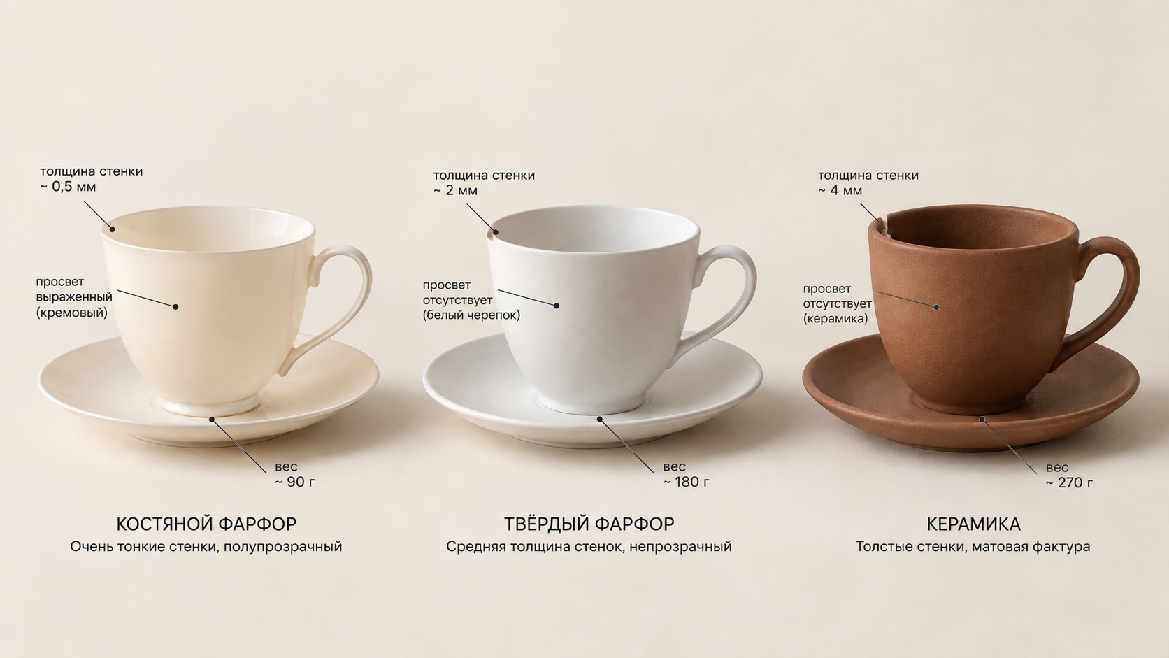 Три чайные пары: костяной фарфор, твёрдый фарфор и керамика с пометками толщины стенки, просвета и веса для наглядного сравнения материалов