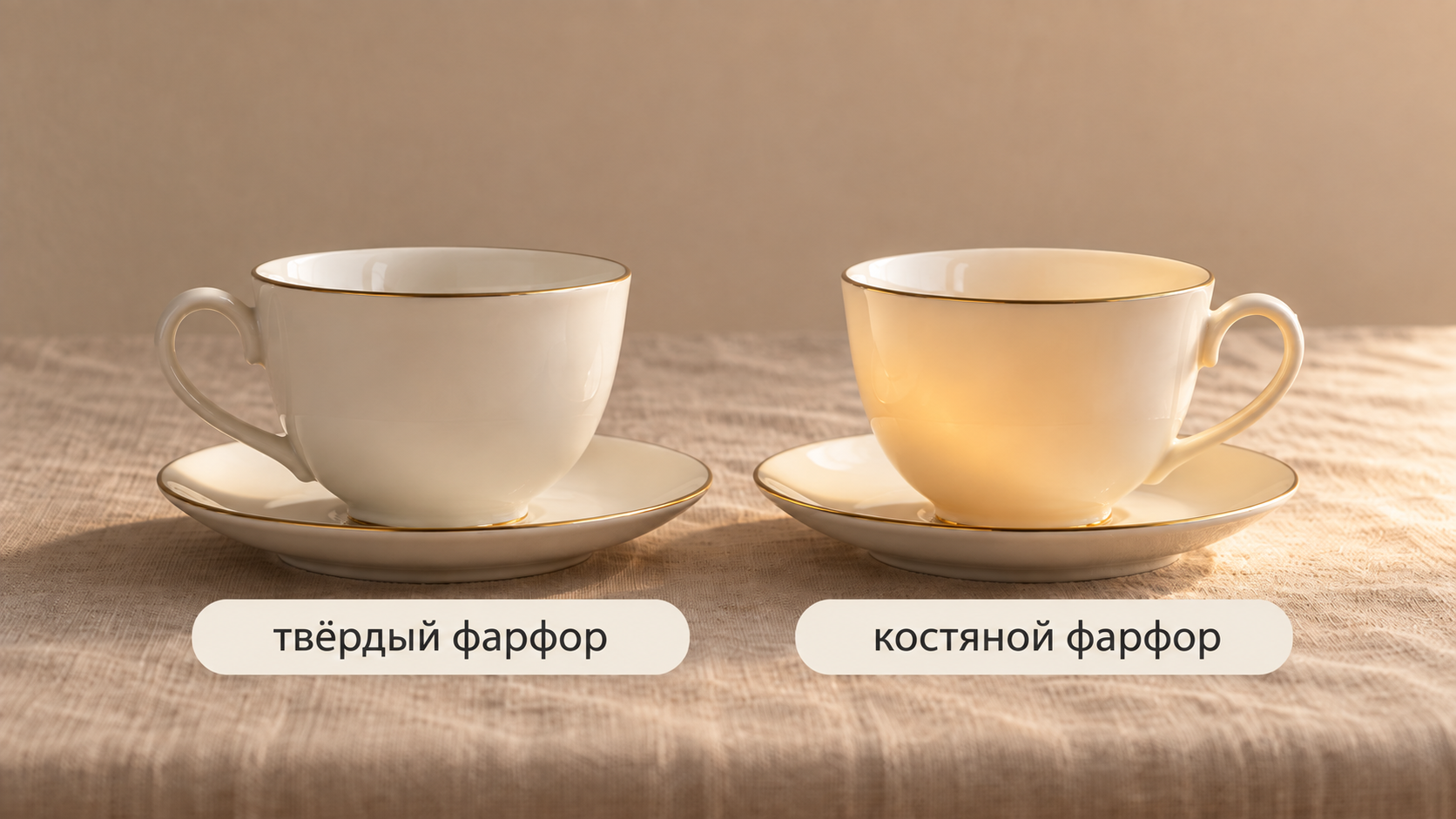 Две чайные чашки рядом: твёрдый фарфор с плотными стенками и костяной фарфор с тёплым просветом при боковом свете для наглядного сравнения материалов.