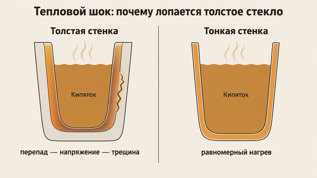 Схема теплового шока: разрез двух стаканов показывает распределение тепла от кипятка. Объясняет, почему резкий перепад температур вызывает трещину в толстостенном стекле, а тонкое боросиликатное нагревается равномерно и лучше переносит кипяток.