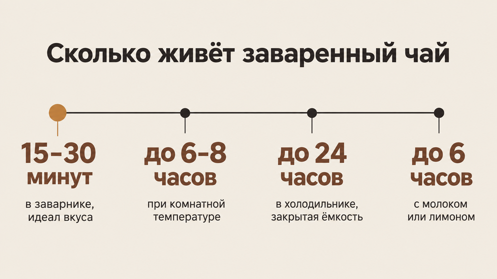 Инфографика со сроками хранения заваренного чая в заварнике, холодильнике и термосе