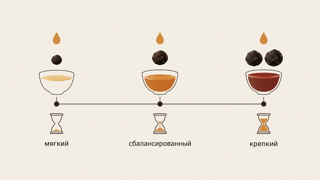 Инфографика шкалы пропорций заваривания чая от мягкого к крепкому с указанием дозы, температуры и времени для шу и шен пуэра