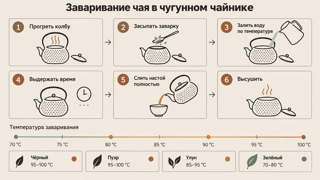 Пошаговая схема заваривания чая в чугунном чайнике: 6 этапов от прогрева до сушки с температурными метками и таблицей для чёрного, пуэра, улуна и зелёного чая
