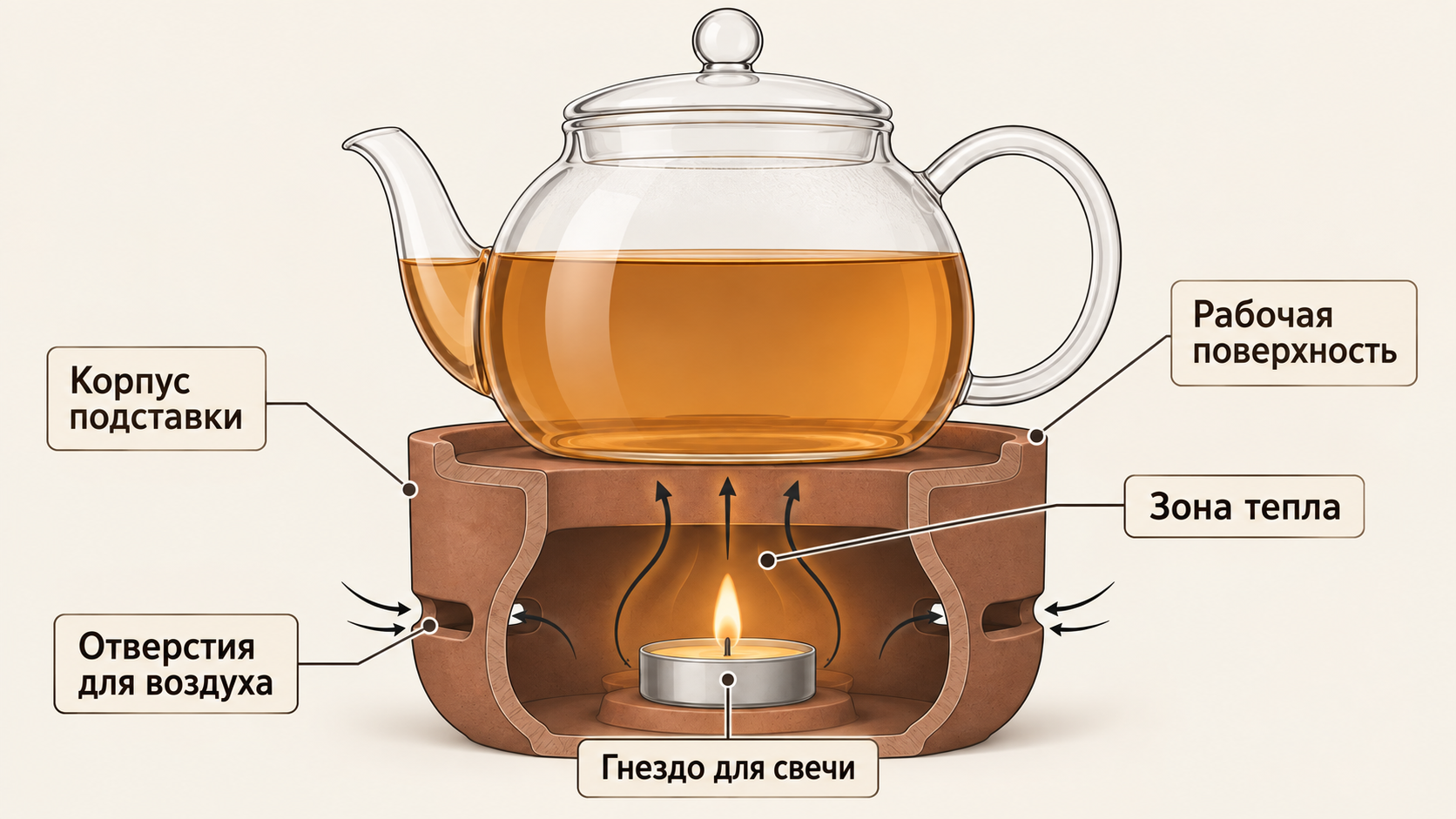 Схема поперечного разреза подставки-подогревателя со свечой-таблеткой: устройство с чайником, зона тепла и движение воздуха