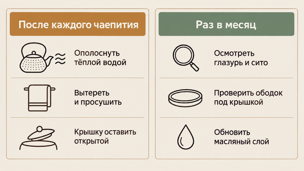 Чек-лист по уходу за чугунным чайником с рекомендациями после чаепития и раз в месяц