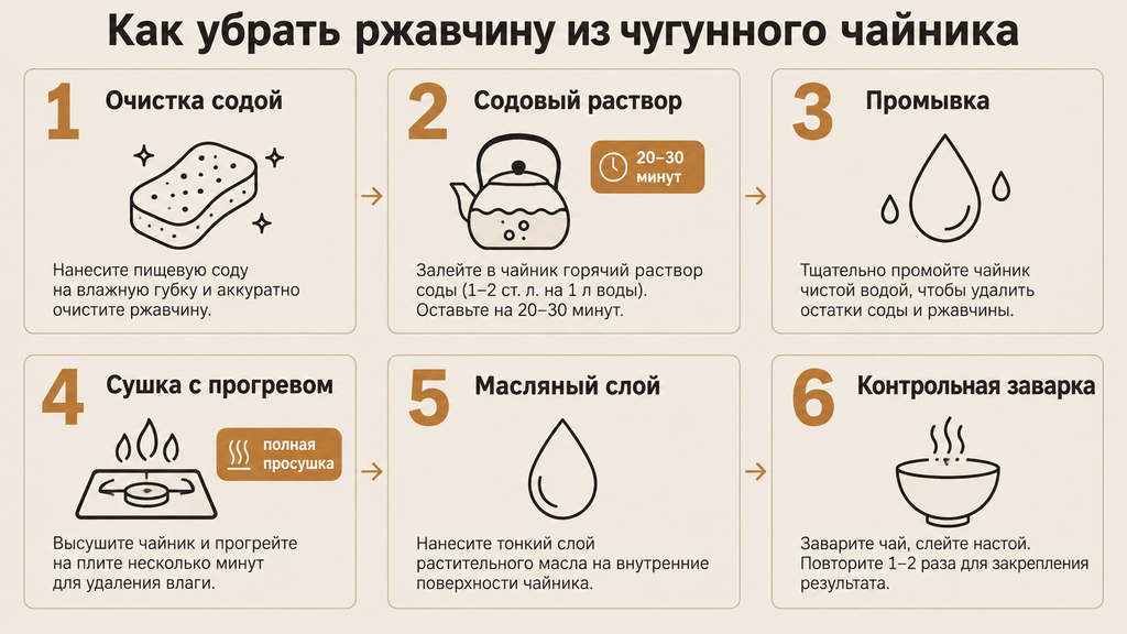 Схема из шести этапов очистки чугунного чайника от ржавчины: механическая обработка содой, просушка и контрольная заварка