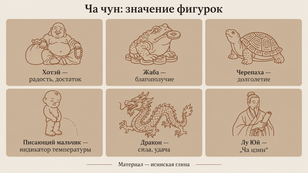 Инфографика значений чайных фигурок ча чун: шесть линейных иконок Хотэя, жабы, черепахи, писающего мальчика, дракона и Лу Юя с короткими подписями смысла.