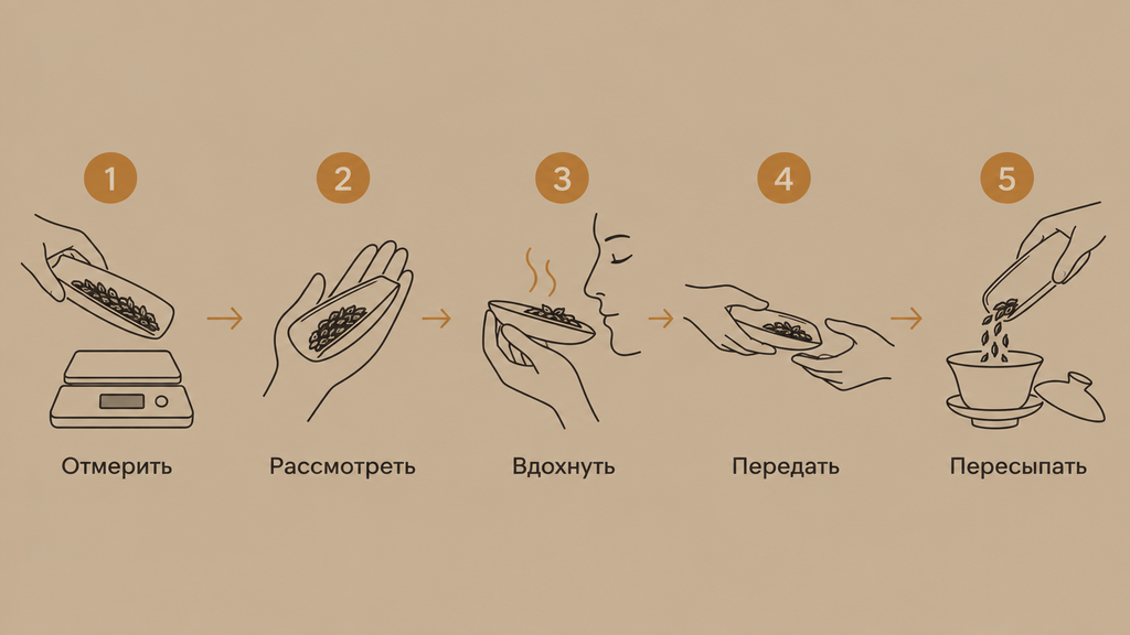 Схема пяти шагов работы с чайным поддоном чхахе от насыпания сухого листа до перелива в гайвань