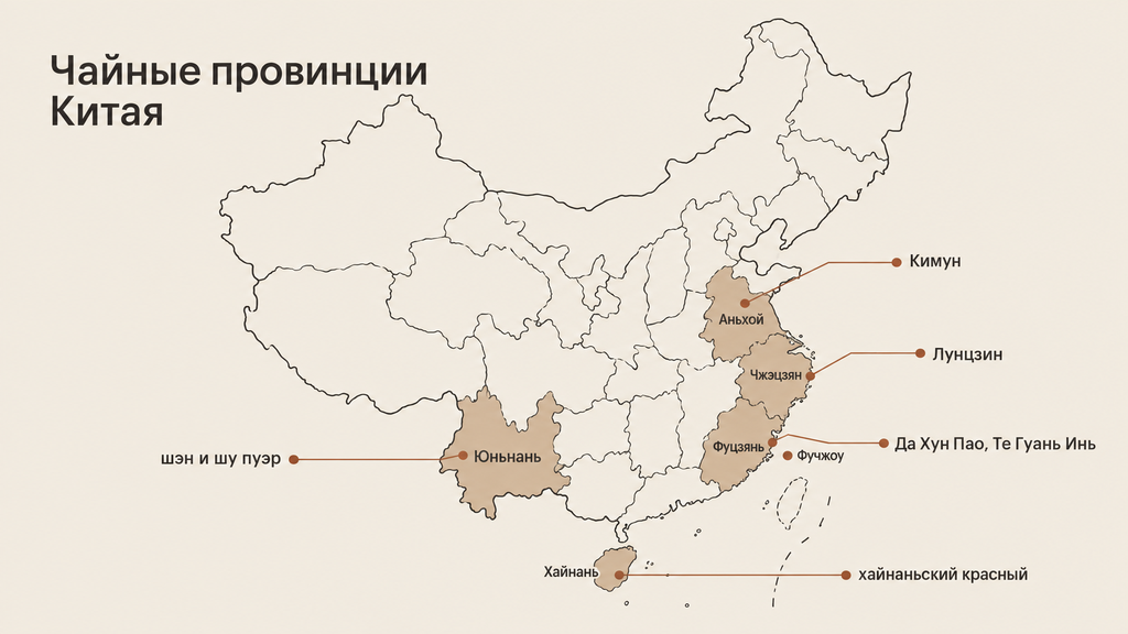 Карта основных чайных провинций Китая с привязкой категорий чая к регионам