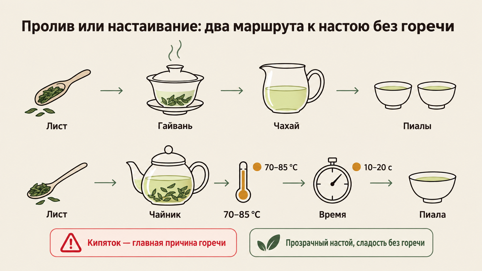 Схема двух способов заваривания китайского зелёного чая: пролив в гайвани и настаивание в чайнике с параметрами воды, времени и предупреждением о горечи от кипятка