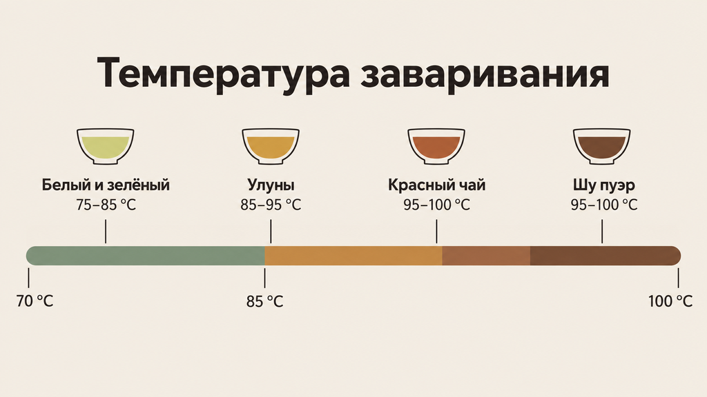 Горизонтальная шкала температур заваривания китайского чая от 70 до 100 °C с категориями: белый и зелёный (75–85 °C), улун (85–95 °C), красный чай и шу пуэр (95–100 °C). Минималистичный дизайн с цветовой привязкой к оттенку настоя.