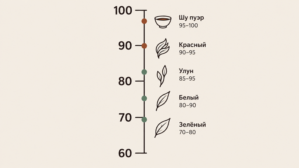 Вертикальная шкала температур воды для заваривания китайского чая: зелёный, белый, улун, красный чай и шу пуэр