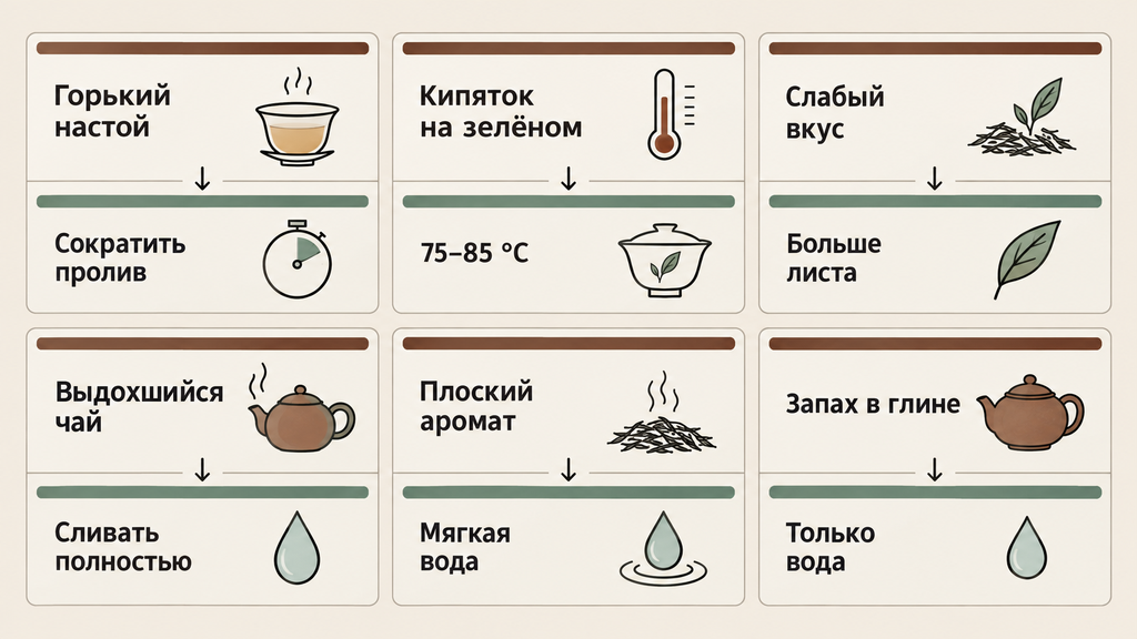 Типичные ошибки новичков в китайской чайной церемонии и способы их исправления. Визуальный гайд с карточками решений по температуре, времени и посуде.