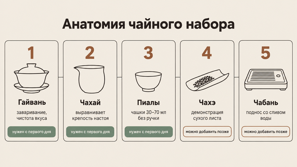 Пять предметов чайной церемонии и их функции: схема стартового набора