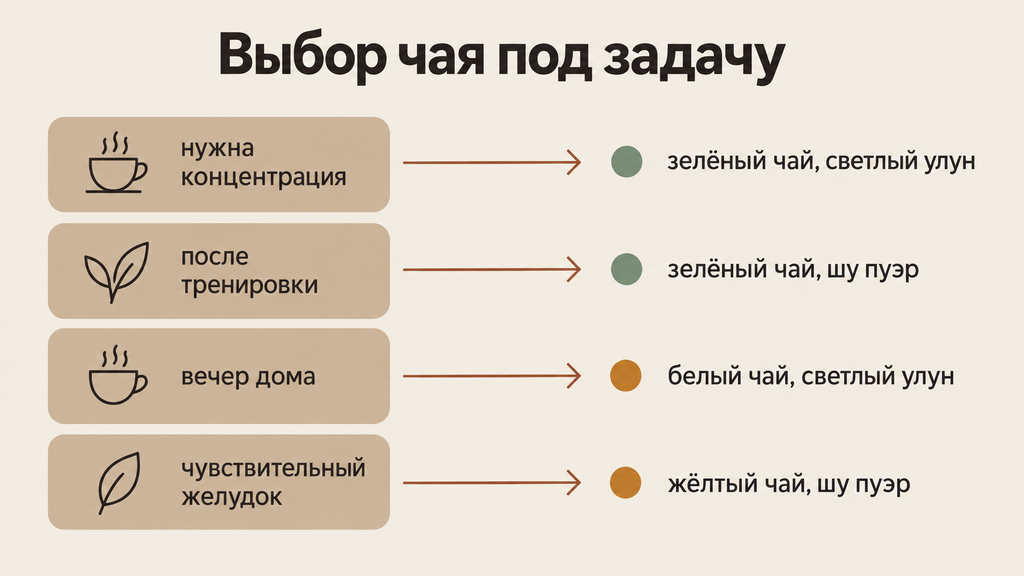 Схема выбора китайского чая по ситуации: концентрация, после тренировки, вечер дома, при чувствительном желудке. Маршрут от задачи к сорту и режиму заваривания.