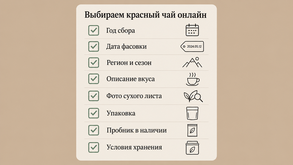 Вертикальный чек-лист проверки карточки товара красного чая при заказе онлайн