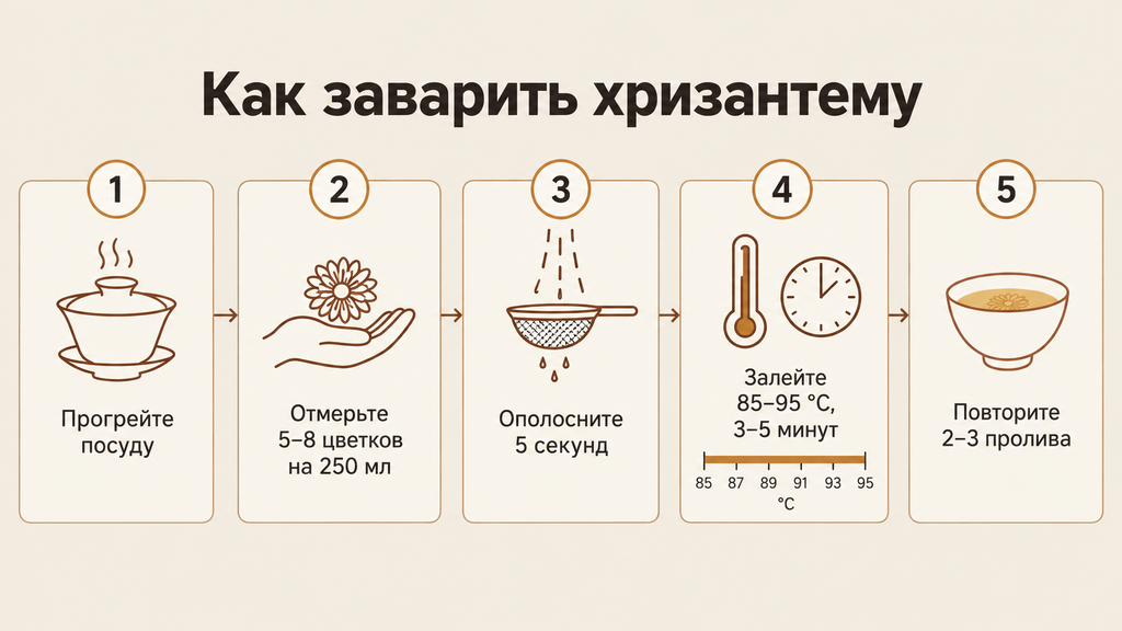 Пошаговая схема заваривания хризантемы: пять этапов от прогрева посуды до получения золотистого настоя