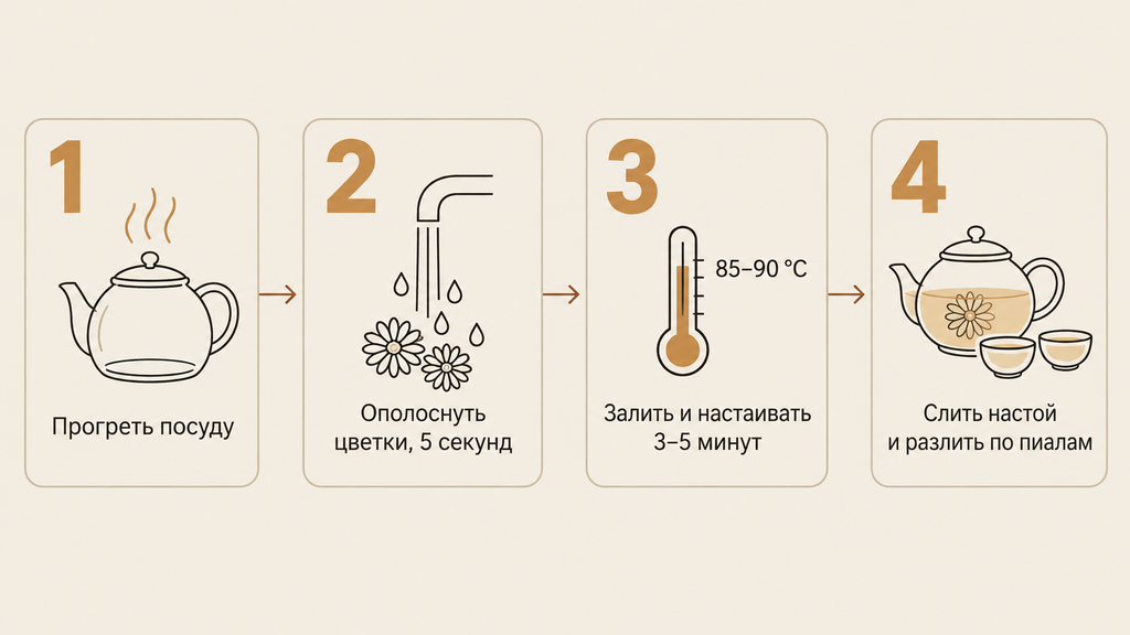 Пошаговая схема заваривания хризантемного чая из четырёх шагов: прогрев посуды, промывка цветков, настаивание при 85–90 °C и разлив по пиалам