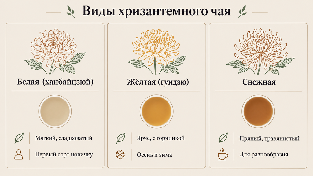Инфографика сравнения видов хризантемного чая: белый, желтый и снежный — различия во вкусе, цвете настоя и выборе напитка
