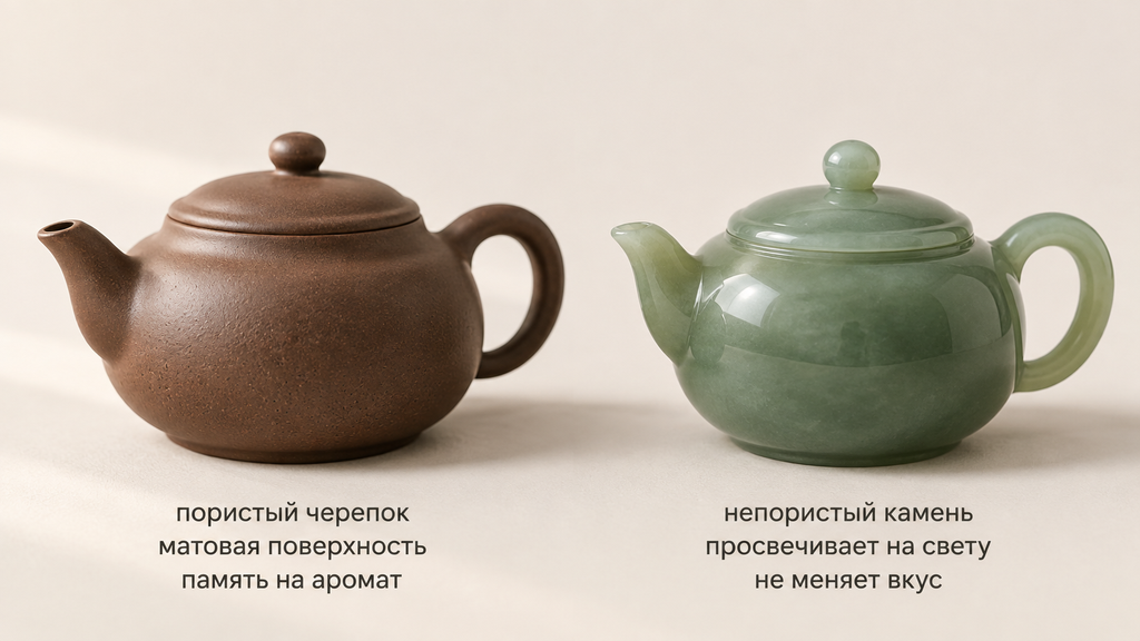 Матовый глиняный и просвечивающий зелёный нефритовый чайники с подписями ключевых отличий материалов