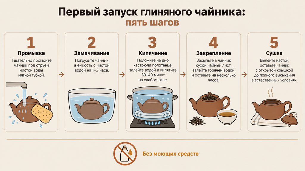 Пошаговая схема первого запуска глиняного чайника: 5 этапов подготовки посуды