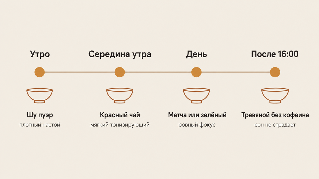Дневной маршрут замены кофе на чай по четырём точкам времени: от бодрящего пуэра утром до травяного напитка вечером на тёплой инфографике