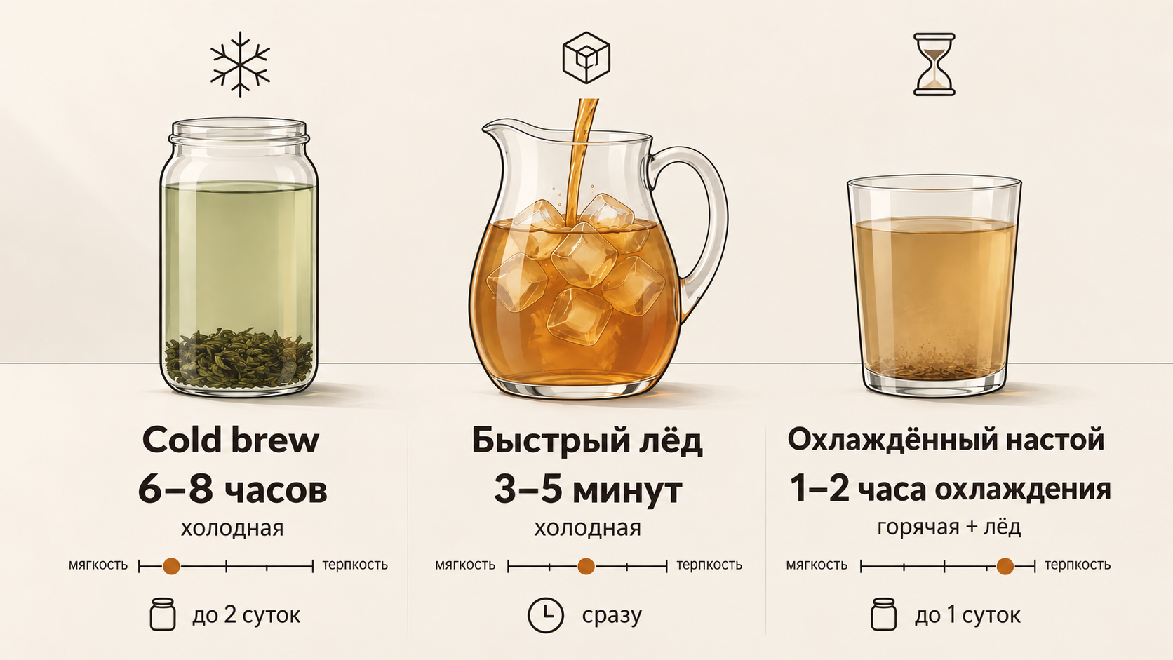Сравнение трёх способов приготовления холодного чая: холодное настаивание, быстрый ледяной метод и охлаждённый горячий настой