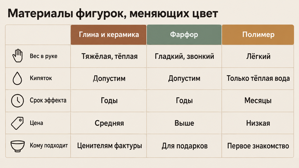 Сравнительная таблица материалов фигурок, меняющих цвет: глина, фарфор и полимер по параметрам веса, реакции на нагрев, износостойкости покрытия, ценового сегмента и целевой аудитории