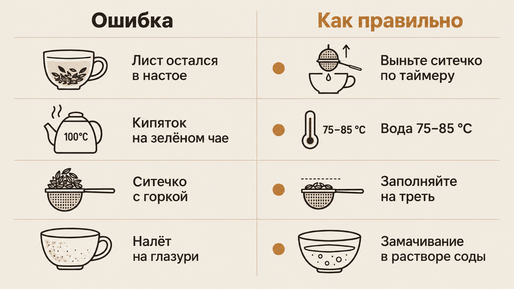 Четыре частые ошибки заваривания чая в чашке с ситечком и способы их исправления: инфографика с парами «ошибка — правильное действие».