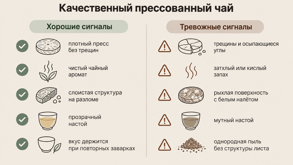 Чеклист оценки качества прессованного чая: пять хороших признаков и пять тревожных сигналов с пиктограммами для проверки перед покупкой