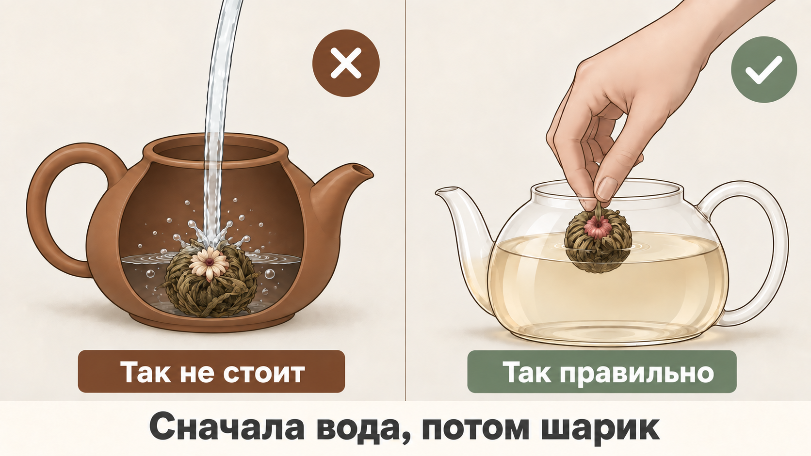 Двухколоночная схема сравнения: слева ошибка — кипяток льётся на шарик в непрозрачном чайнике, справа правильный порядок действий — шарик опускается в воду 85 °C в прозрачном чайнике с текстом «Сначала вода, потом шарик».