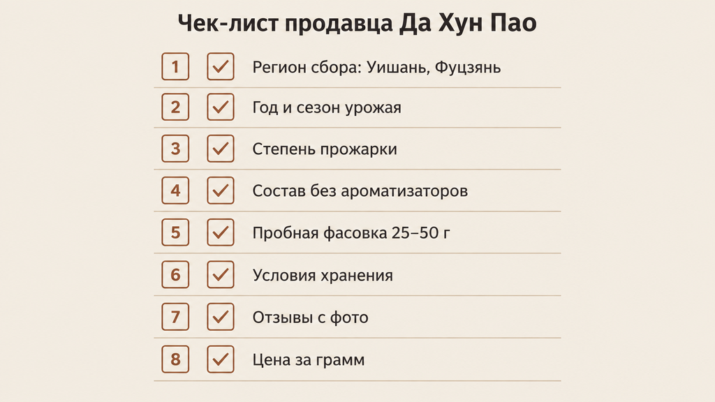 Чек-лист проверки продавца Да Хун Пао из 8 пунктов перед заказом чая