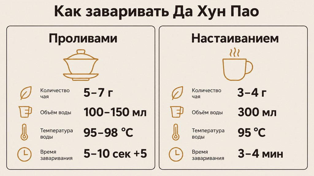 Справочник по завариванию Да Хун Пао: инструкции проливами и настаиванием, пропорции, температура и время на тёплом фоне
