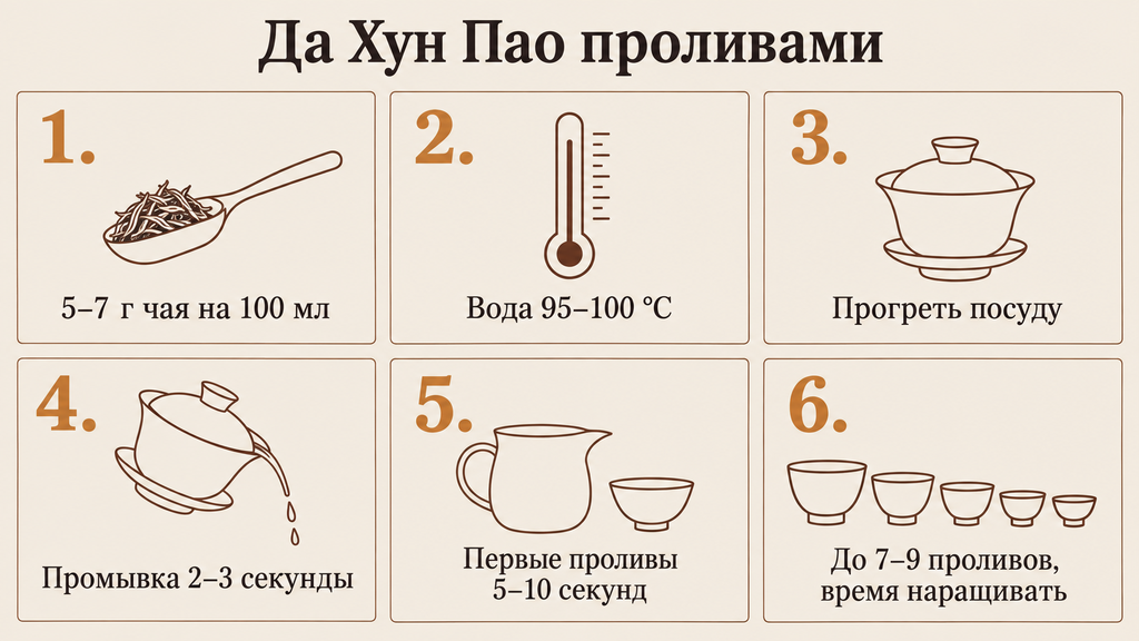 Схема заваривания Да Хун Пао проливами: пошаговая инструкция из шести шагов с параметрами дозировки, температуры и времени