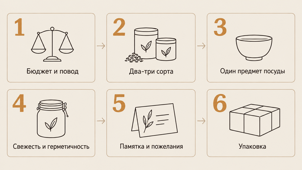 Пошаговая инфографика сборки чайного набора своими руками: шесть этапов от бюджета до упаковки с иконками весов, баночек, пиалы, открытки и коробки