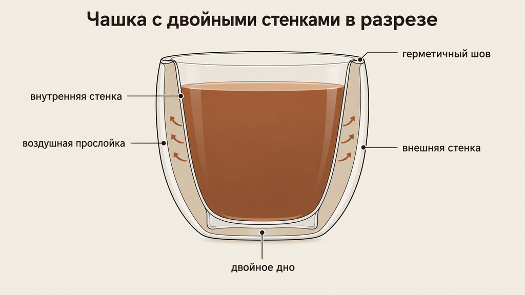 Схема разреза чашки с двойными стенками и воздушной прослойкой, демонстрирующая конструкцию для сохранения тепла и защиты от ожогов.