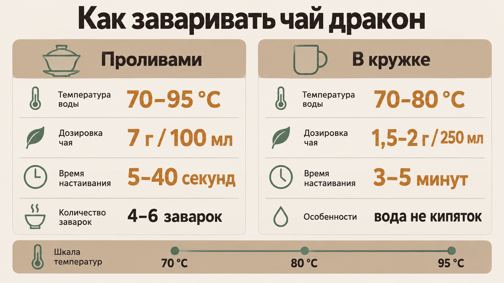 Инфографика параметров заваривания чаев дракона: температура время и дозировка для лунцзина улуна желтого и зеленого чая