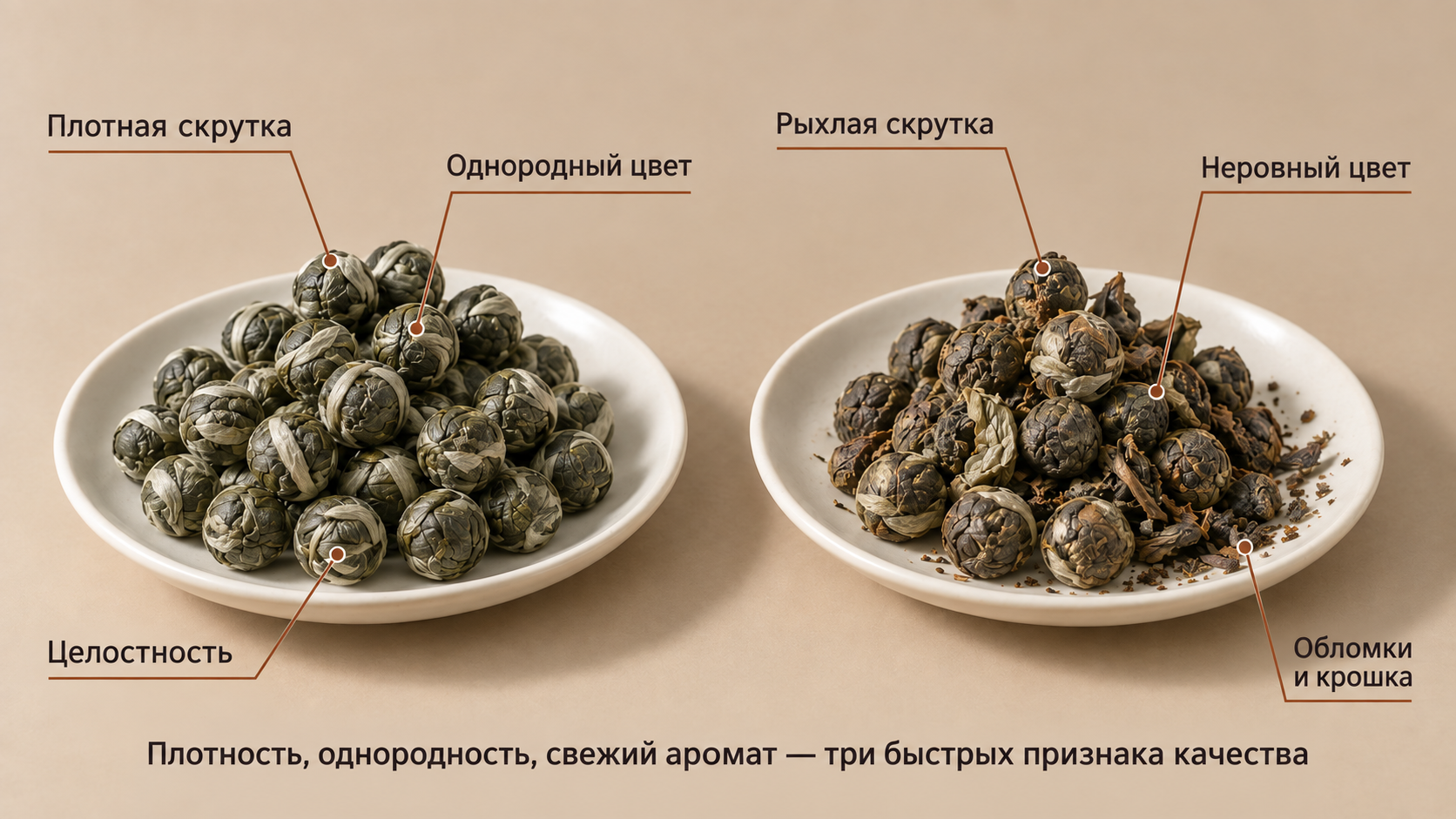 Сравнение качественного и посредственного чая жемчужный дракон рядом на одинаковых фарфоровых блюдцах с маркерами плотности скрутки, однородности и свежести аромата