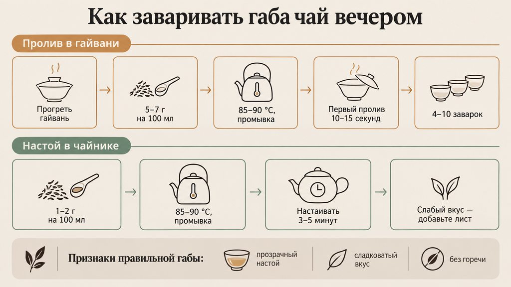 Инфографика вечернего заваривания габа-чая: два метода — пролив в гайвани и настой в чайнике со схемой параметров