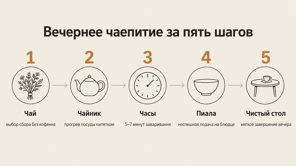 Схема вечернего чаепития из пяти шагов от выбора чая до завершения вечера