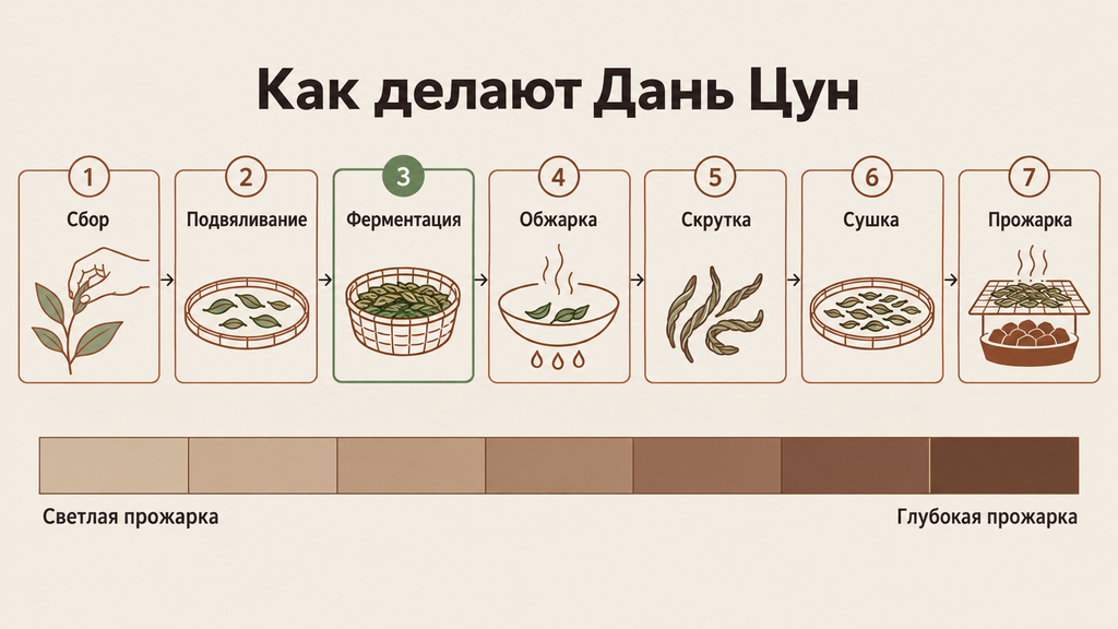 Схема производства чая Фэн Хуан Дань Цун: горизонтальная цепочка из семи этапов обработки листа от сбора до финальной прожарки